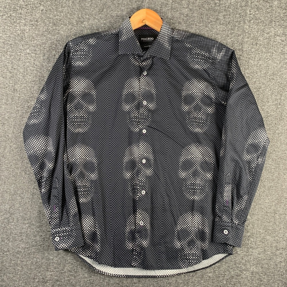 Maceoo Shirt Men Medium Skulls Polka Dot Black Funky Club Party Bold